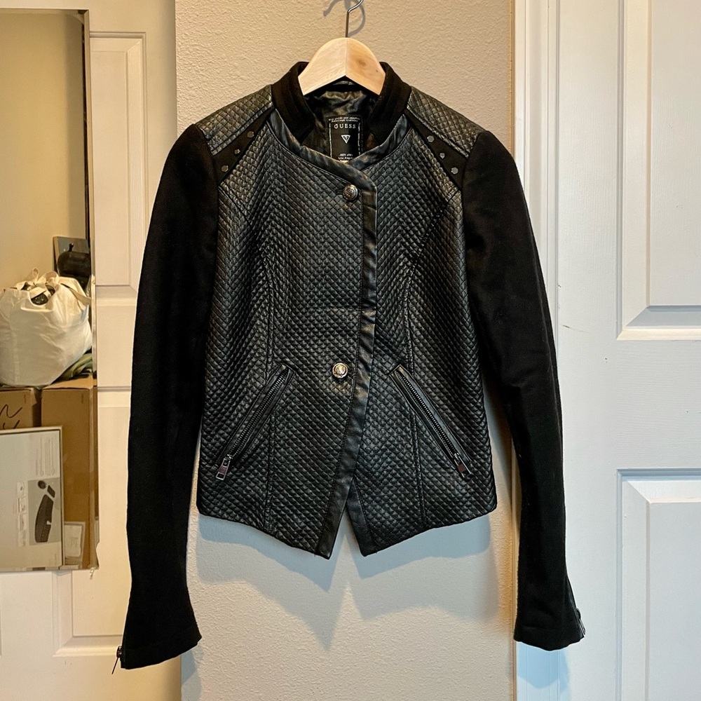 Guess faux leather moto jacket with knit/stretch sleeves